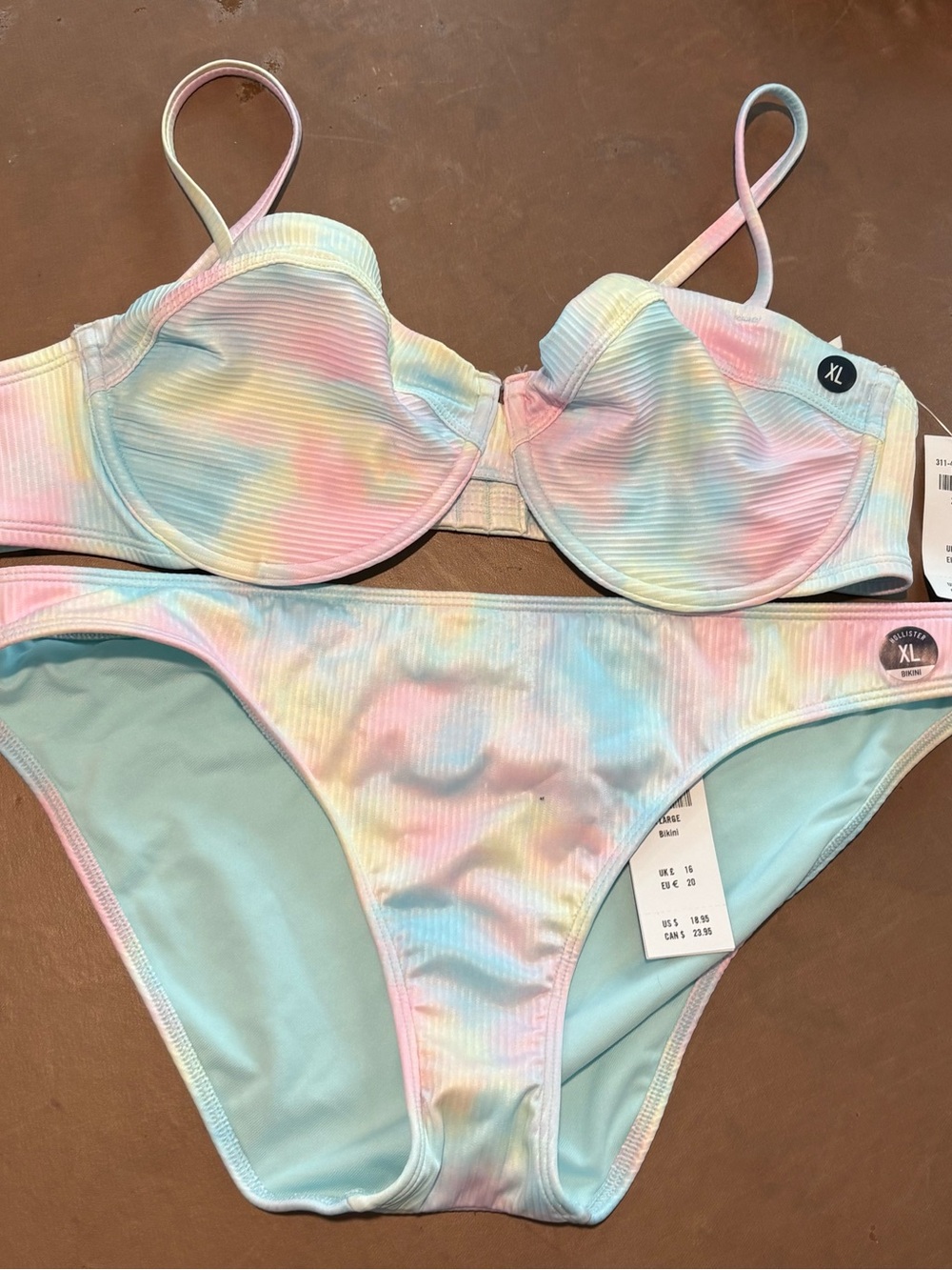 Hollister pastel tie-dye ribbed underwire bikini set size XL beach summer NEW